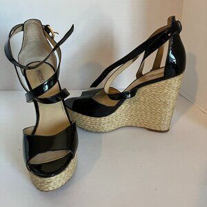Michael Kors Raffia Wedge Sandals Black Canvas Women's Size 10M.